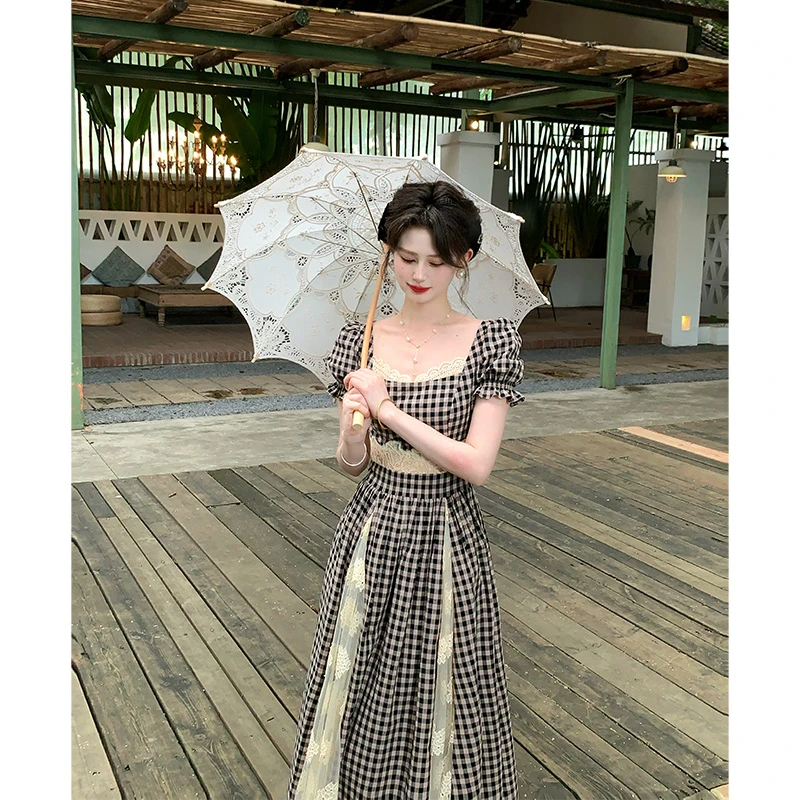 专场一生罗曼【巧克力特2.0】法式复古格子拼接显瘦连衣裙L1380