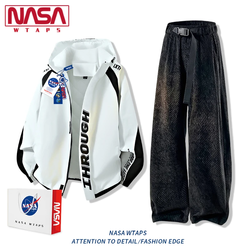 NASA WTAPS休闲套装男士春秋季潮流连帽外套男大码宽松跑步运动服