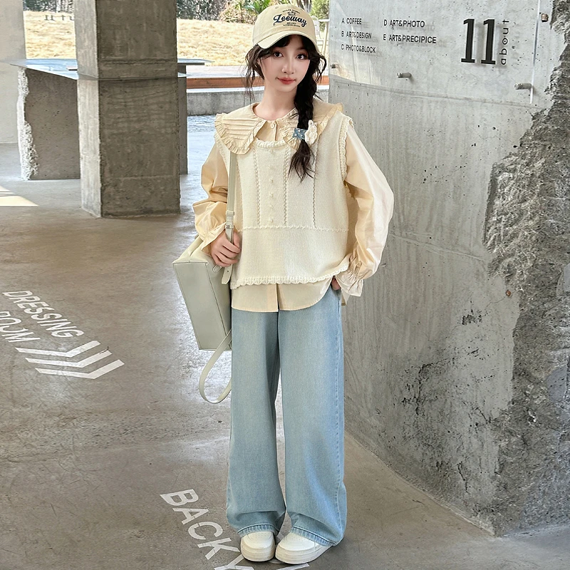 女童春秋套装2025新款洋气时髦女大童韩系毛衣马甲秋季儿童三件套