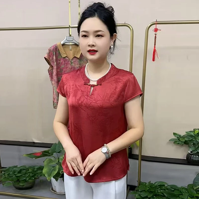 中老年妈妈夏季女富贵竹提花上衣短袖旗袍衫宽松遮肉洋气t恤小衫