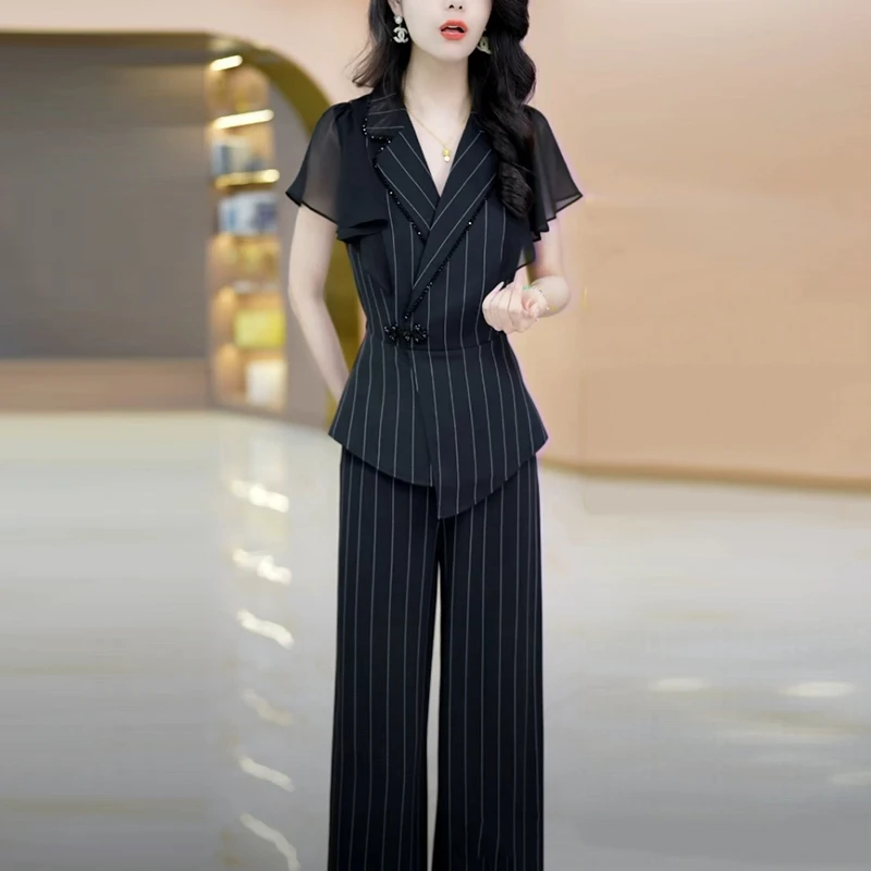 多丽丝洋气质时尚套装2025夏季新款气质女神范黑白条纹显瘦两件套