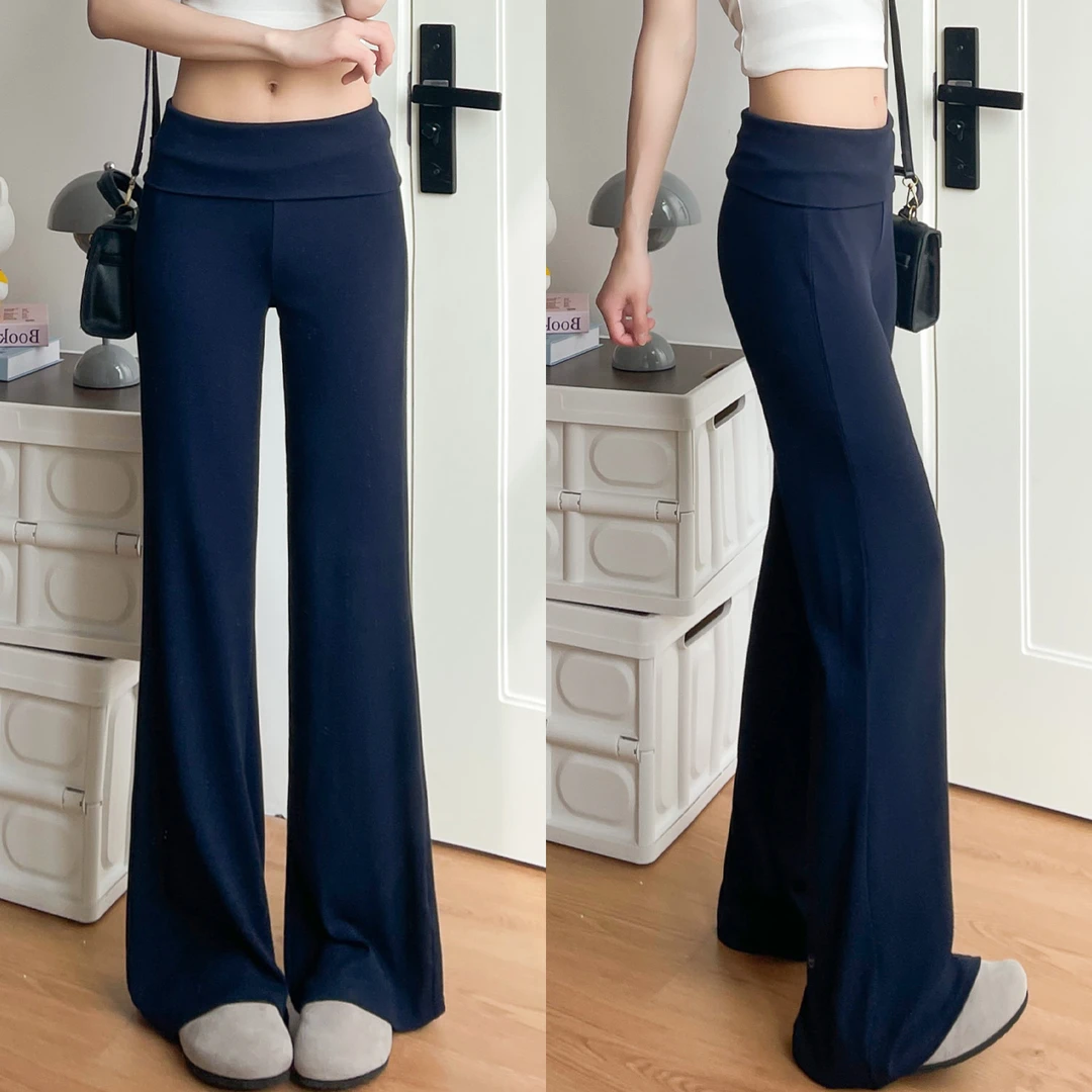 美式藏青色微喇叭裤女夏薄2025新款宽松卫裤小个子显瘦休闲运动裤