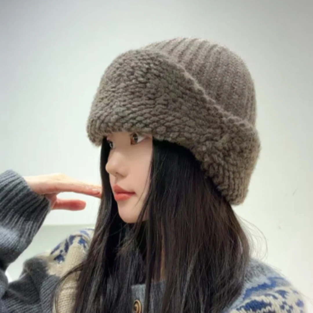 意单高奢 冬季新款翻边100山羊绒帽子针织毛巾工艺保暖护耳显脸小