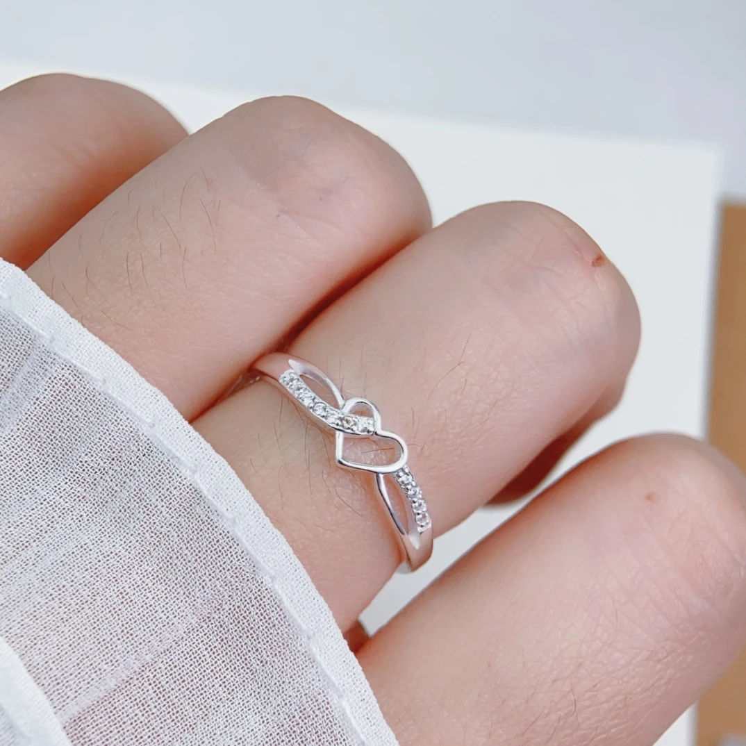 足银合成锆石戒指 纯银990微镶爱心戒指简约时尚精致开口可调节