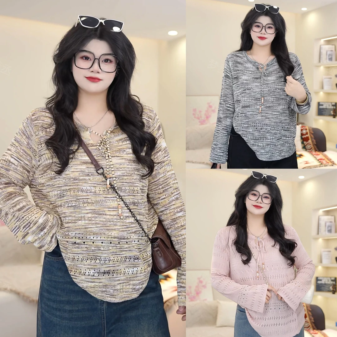 梦丞-早秋大码女装胖mm针织衫镂空纯色系带显瘦通勤风长袖上衣