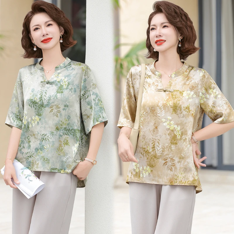 中年妈妈夏装2025新款洋气套装短袖T恤上衣中老年女装时尚两件套