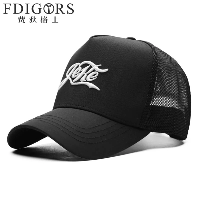 FDIGORS高顶帽子男夏季轻薄黑色刺绣网眼透气鸭舌帽大头围棒球帽