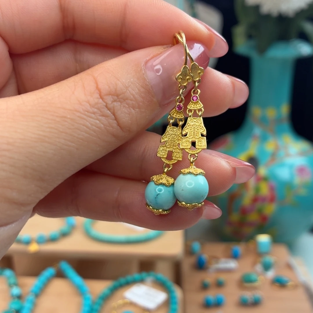 绿松石银S925镀金镶嵌耳饰