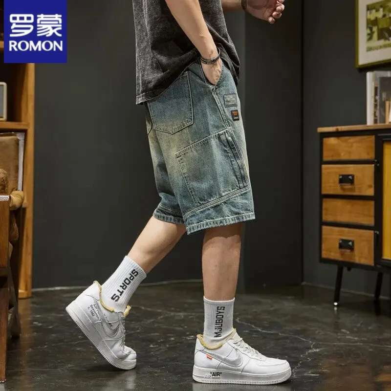 罗蒙牛仔工装短裤男士五分裤子夏季潮牌新款宽松痞帅复古水洗中裤