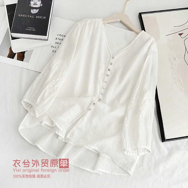 （V领刺绣苎麻小衫）2528春季新款文艺风七分袖百搭苎麻上衣D