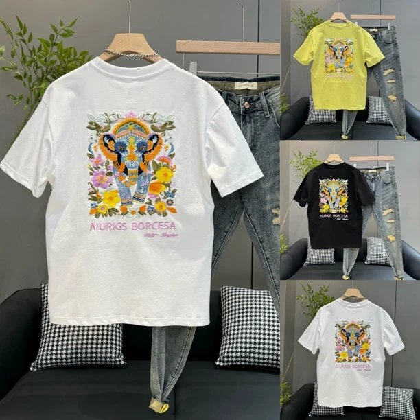 2025夏季新款超洋气痞帅重工刺绣情侣短袖T恤