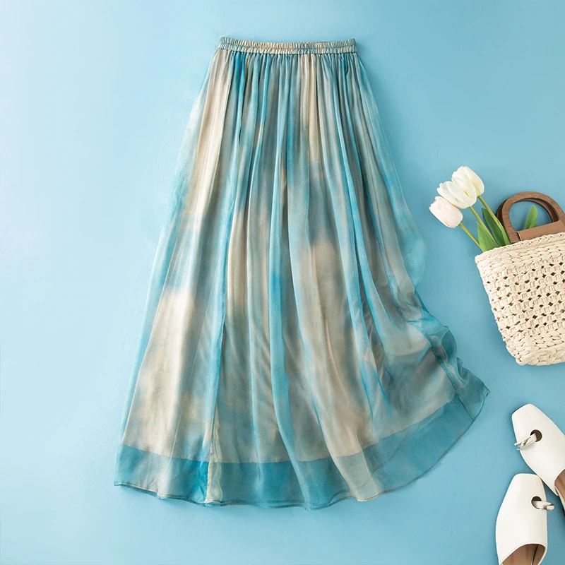 轻奢印花显瘦A字碎花桑蚕丝半身裙中长款夏季真丝花裙子小个子