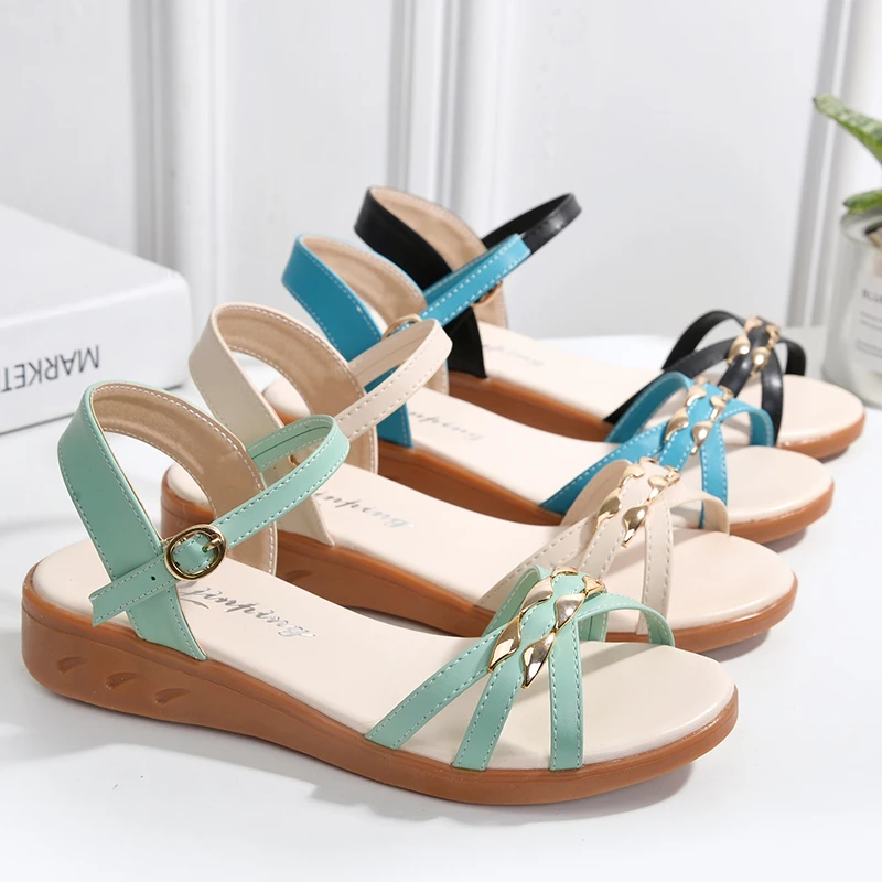 低跟凉鞋女士平底鞋夏季软底防滑一字扣带凉鞋妈妈百搭凉鞋大码42