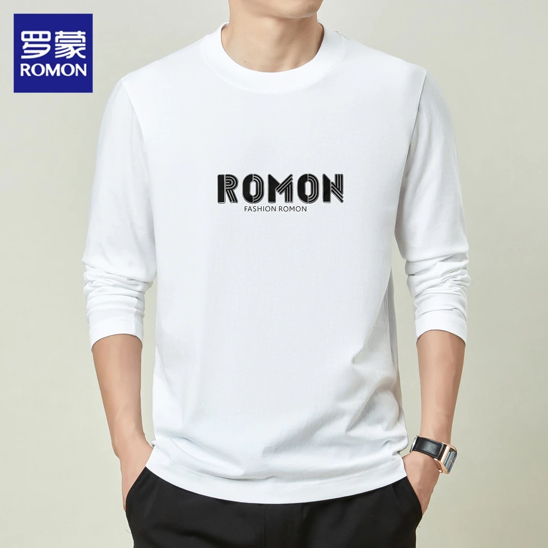 罗蒙纯棉男士长袖休闲卫衣2025秋季新款圆领打底潮流休闲上衣男装