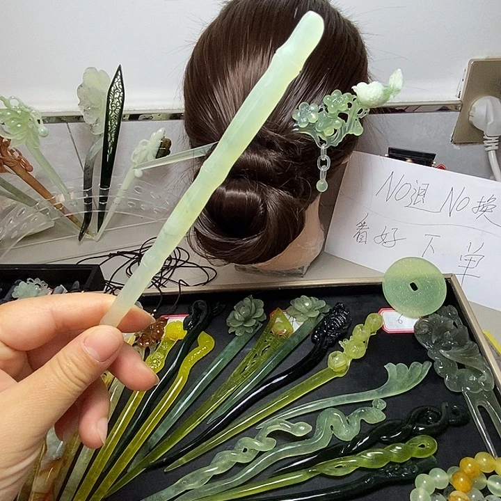 蛇纹石玉合金发饰竹节