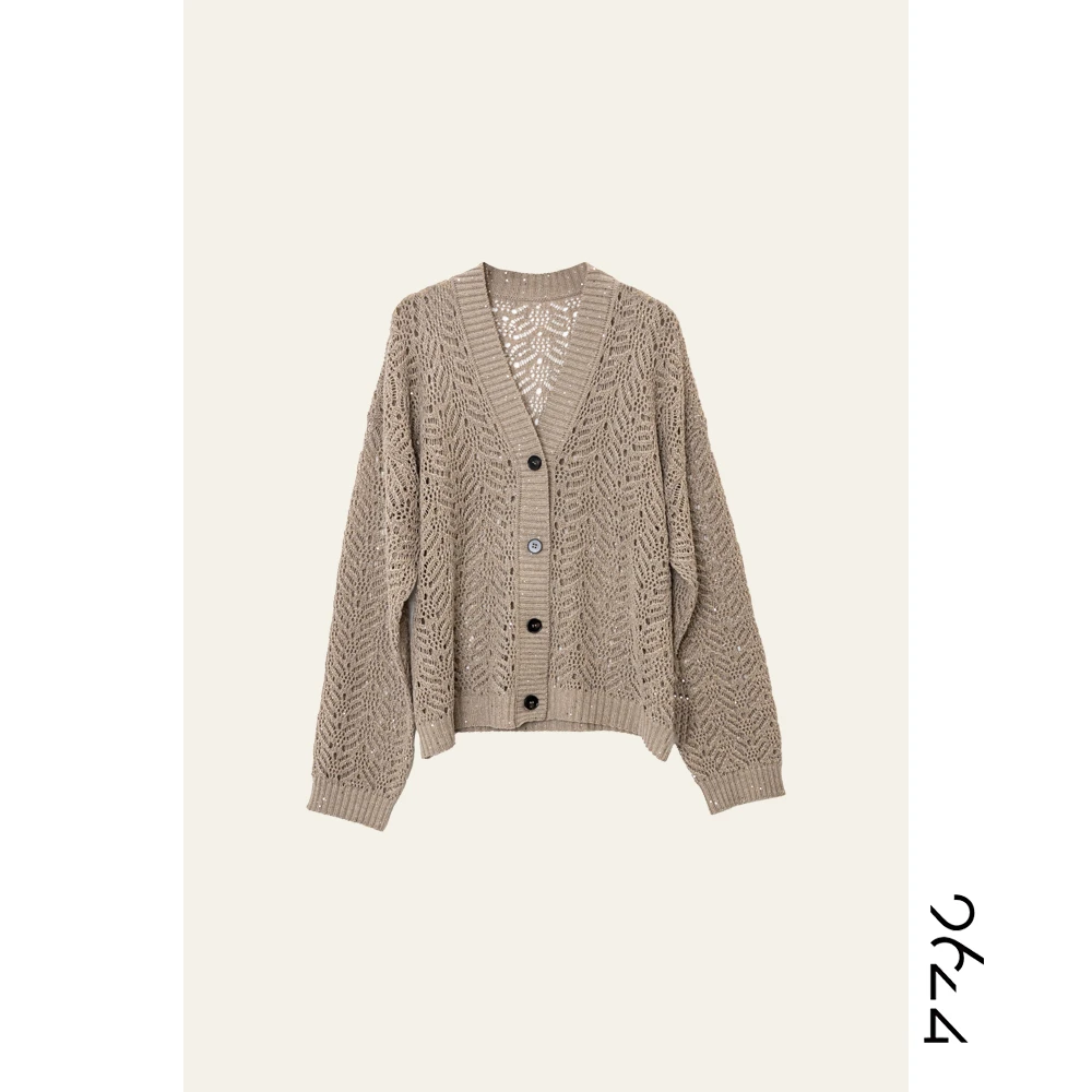 【芦苇】甄选100野生亚麻B*C进口珠片超重工镂空针法针织开衫3568