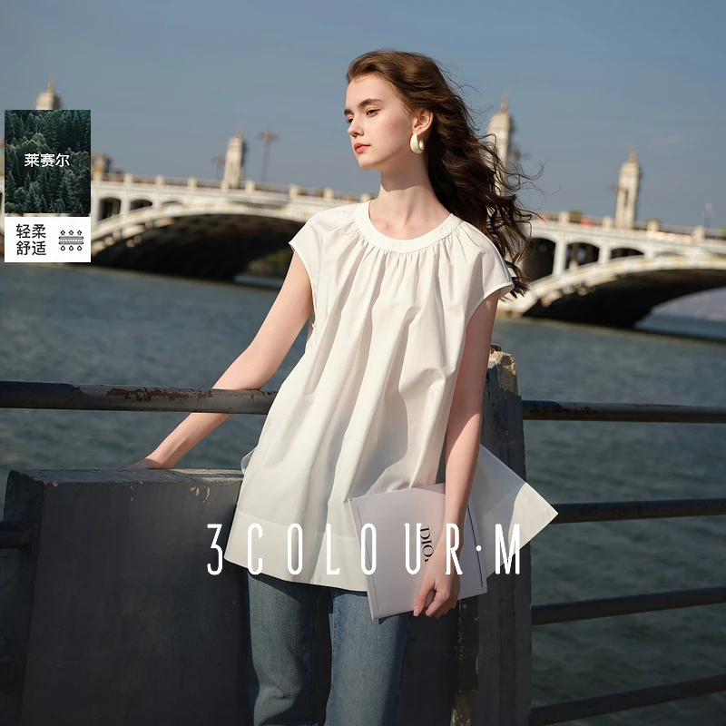 三彩2025夏季新款莱赛尔小衫圆领包肩袖上衣宽松极简风M