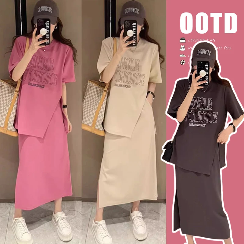 Y3487#3.13夏季新款宽松开叉上衣+半身裙孕妇套装裙子孕妇调节绳