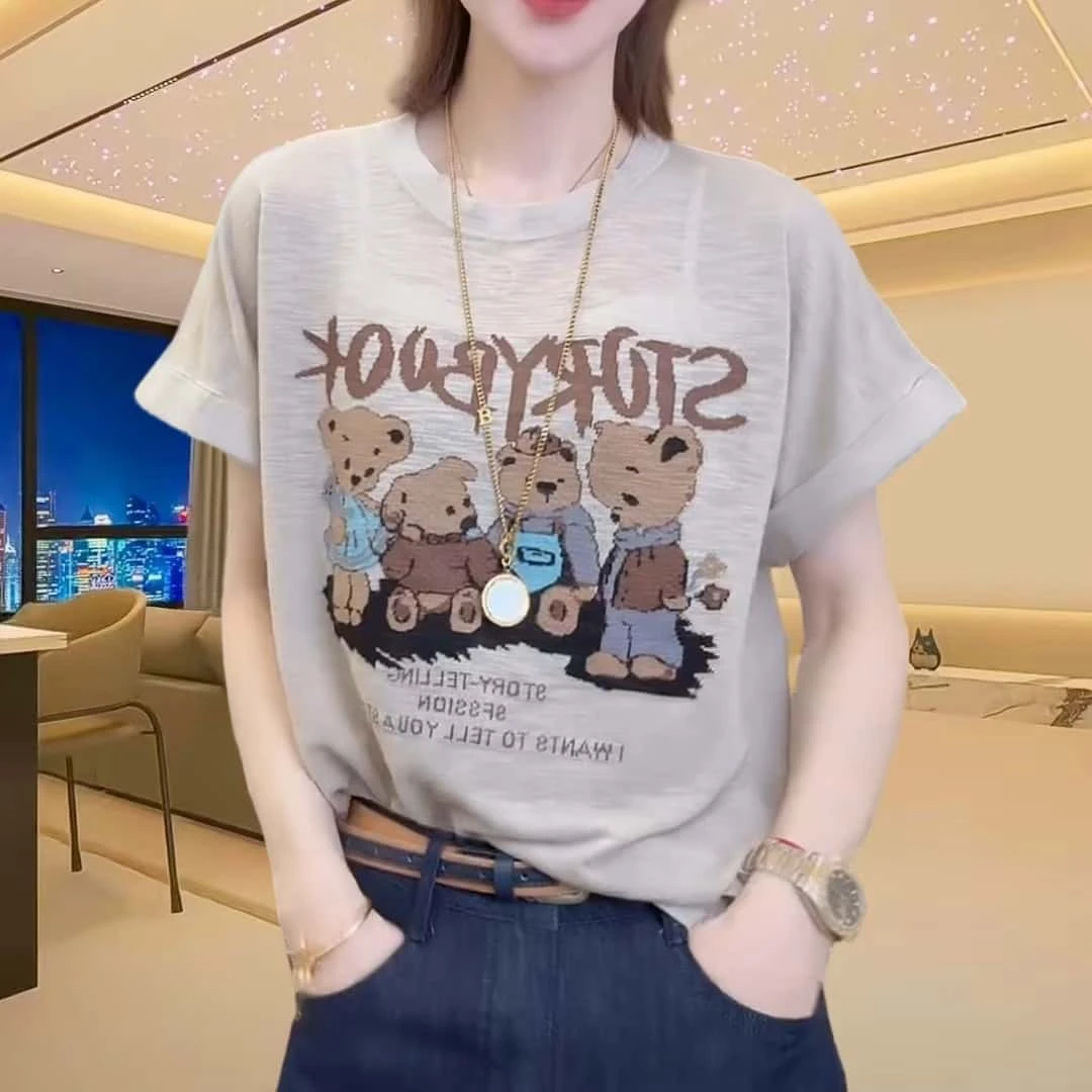 夏季宽松洋气印花短袖T恤2025新款卡通图案休闲百搭薄款圆领小衫