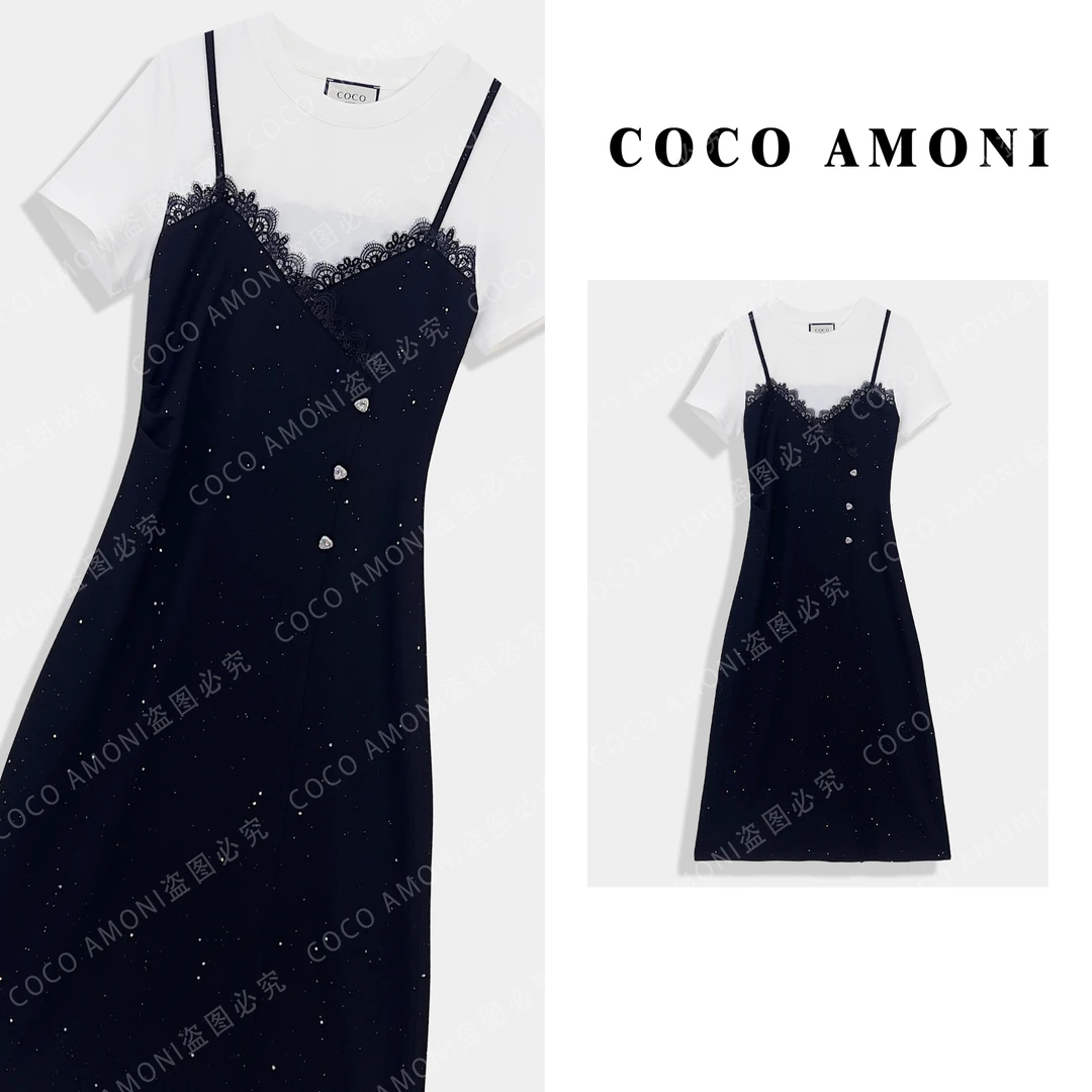 高级设计师高端定制夏日女装拼接假两件显瘦气质连衣裙AC737