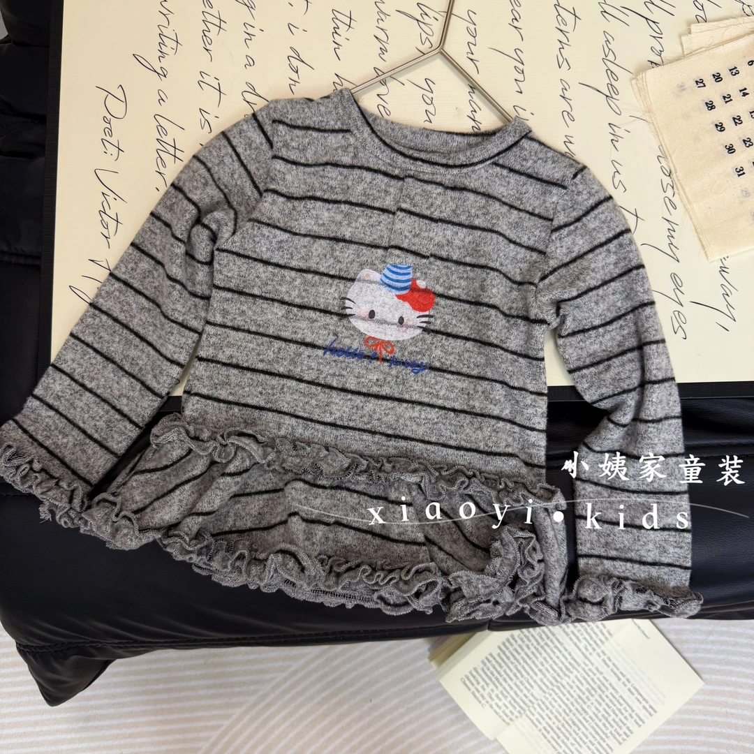 【初秋】新款女童韩版条纹荷叶裙摆上衣长袖中大童是上衣百搭T宝宝