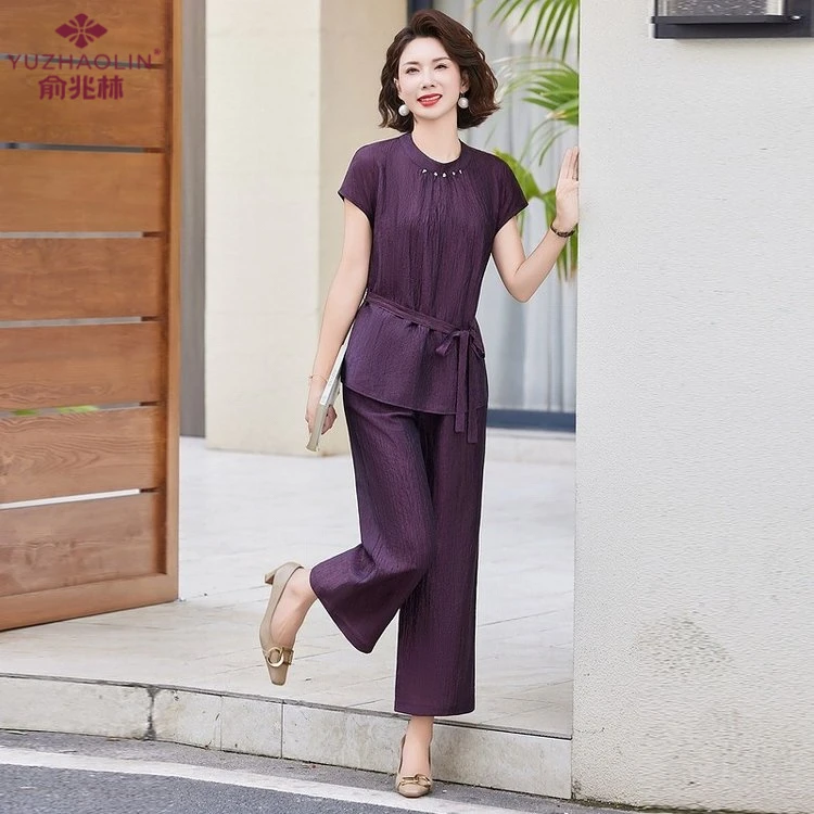 俞兆林2025年夏季新款时尚套装显瘦减龄短袖小衫长款休闲阔腿裤两