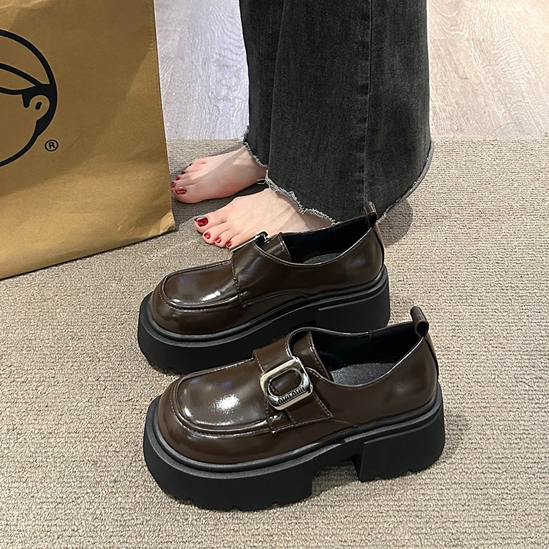 厚底小皮鞋女2025早春新款复古英伦风乐福鞋增高粗跟百搭日系单鞋