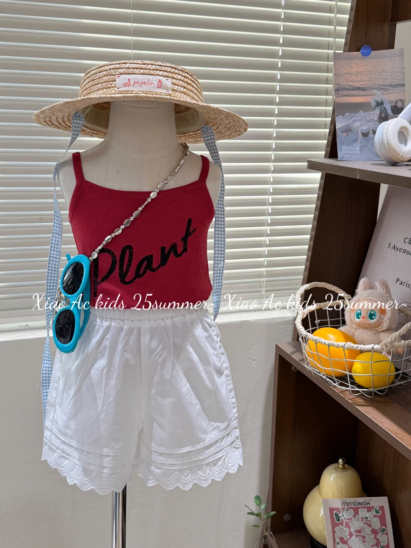 2025夏季新款女童韩系简约穿搭红色字母背心女宝百搭洋气花边短裤