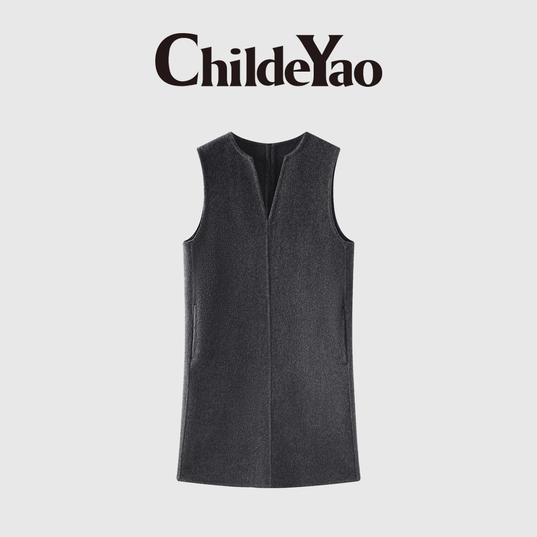 CHILDE YAO100%绵羊毛毛呢连衣裙女V领无袖叠穿毛呢裙CYC58357