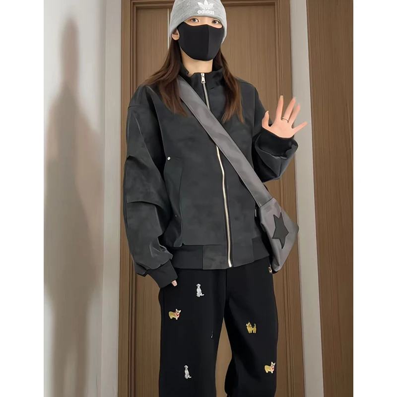 秋冬新款扎染雾面美式复古PU皮衣夹克外套上衣男女同款加棉加厚