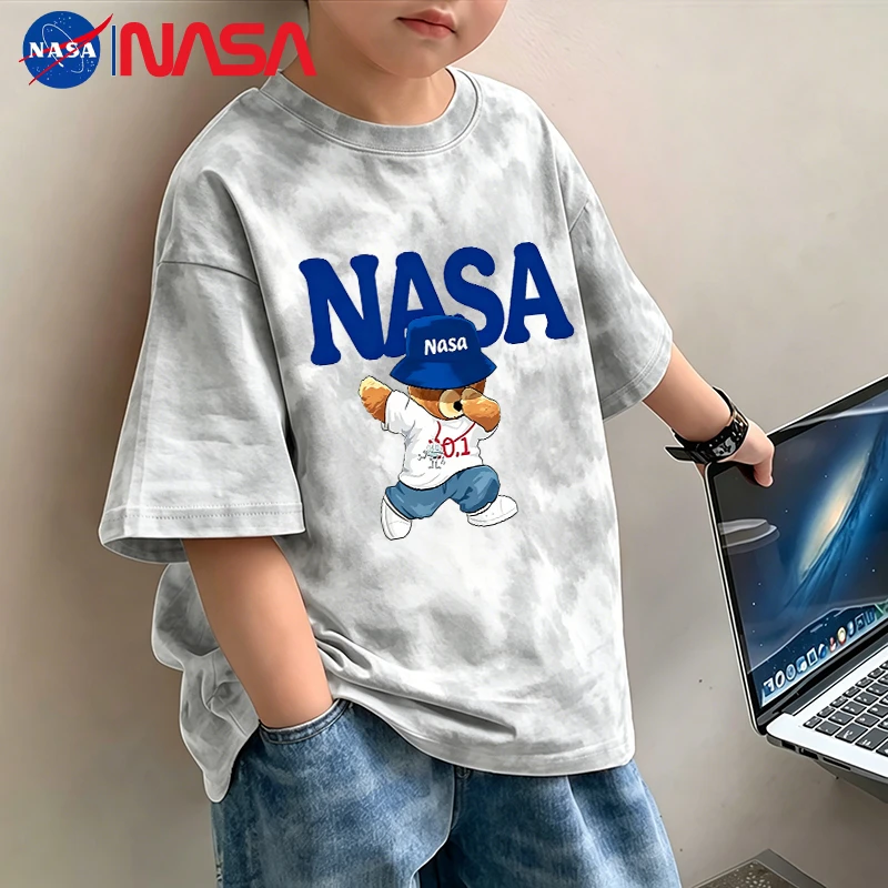 NASAOVER 男童短袖T恤纯棉夏季新款印花帅气小熊半袖儿童上衣宽松