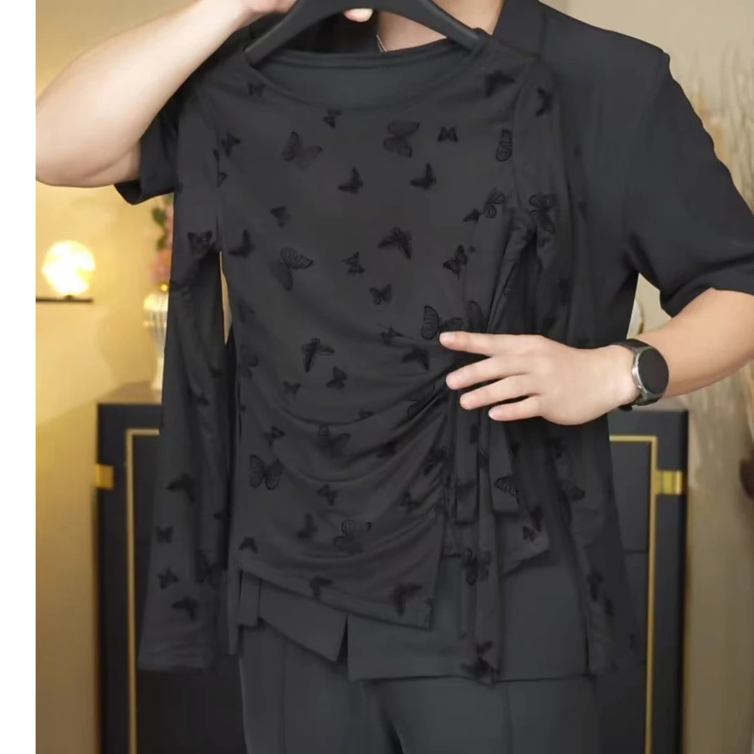 【黑蝶梦境】2025秋冬新款植绒蝴蝶黑色长袖T恤女修身显瘦打底衫潮