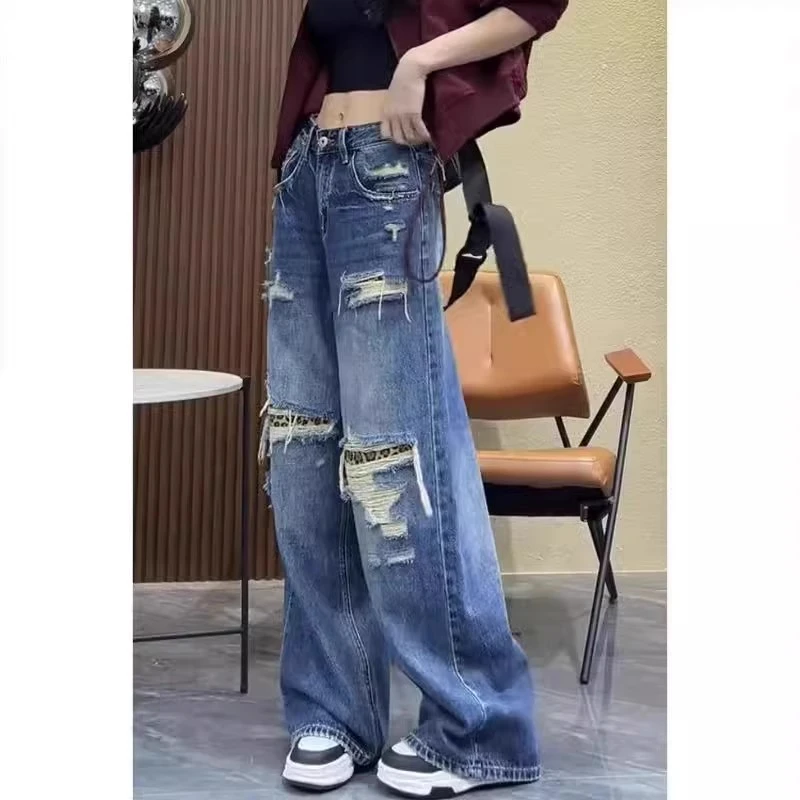 破洞牛仔裤女2025新款复古时尚气质宽松显瘦百搭休闲直筒阔腿裤子