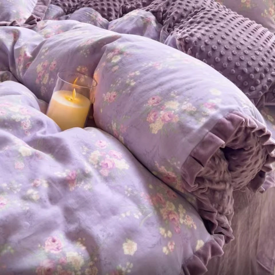 【紫芙豆豆绒四件套】200*230A面水洗棉B面豆豆加绒保暖四件套