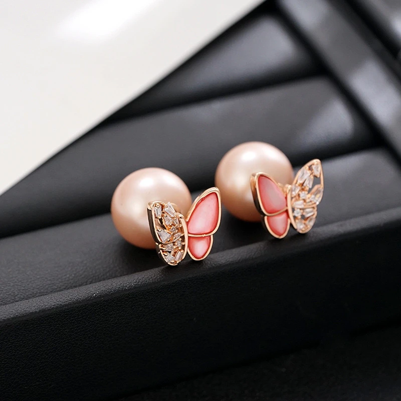 铜合金合成锆石耳饰 蝴蝶C353采贝两带耳环