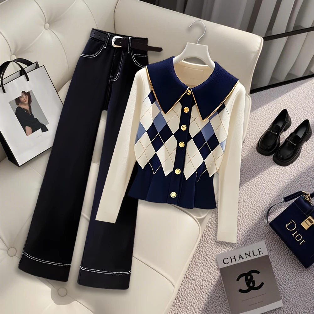 法式轻熟风时尚套装复古撞色秋装显瘦上衣高腰百搭直筒裤一整套女