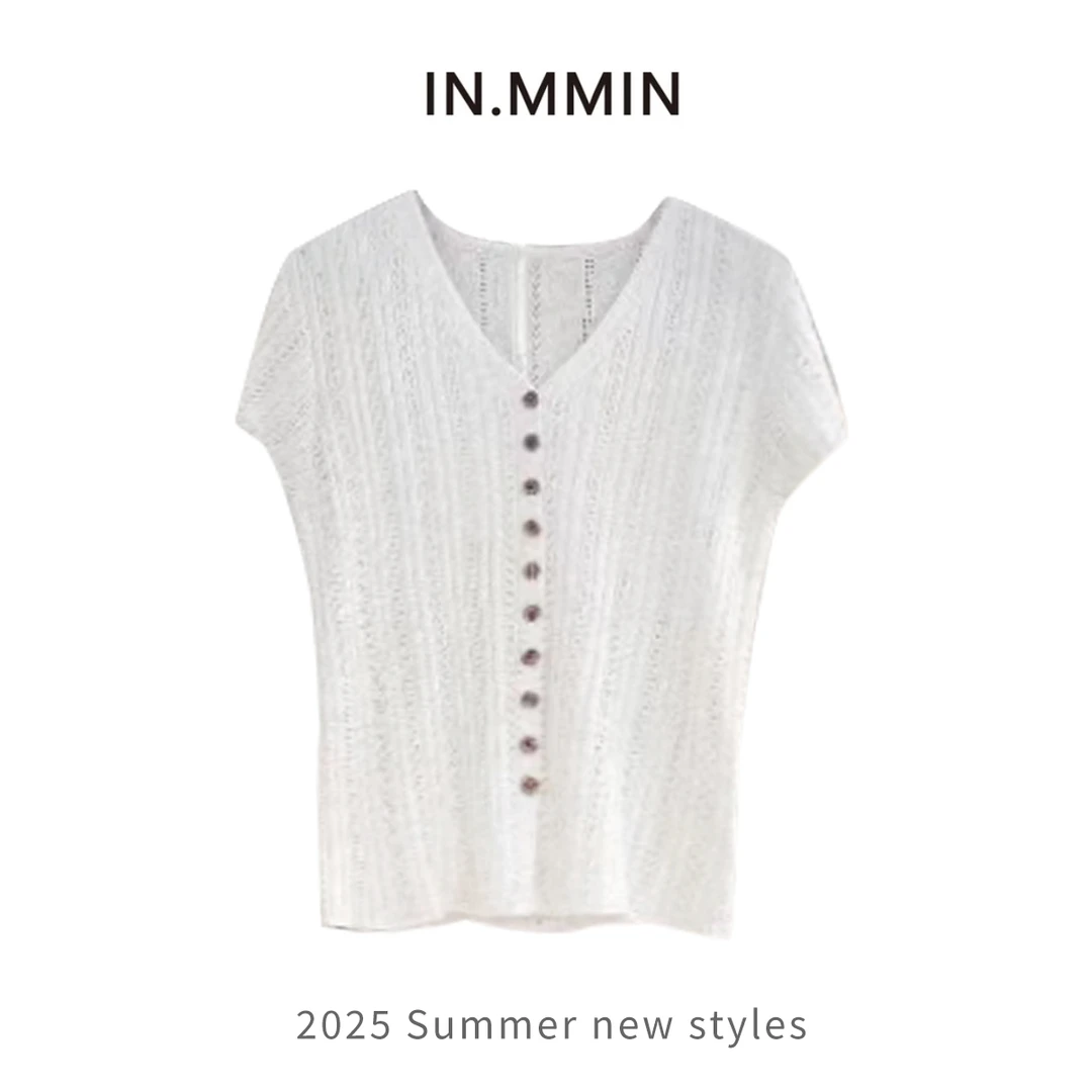 INMMIN05天丝亚麻镂空坑条纹小飞袖开衫上衣