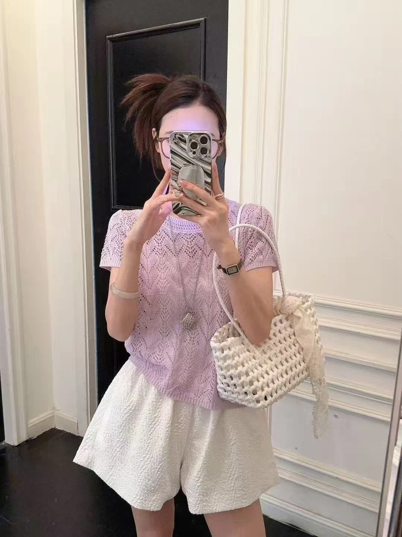 纯色钩花镂空冰丝针织衫设计感后背开叉纽扣薄款短袖上衣夏J1-69