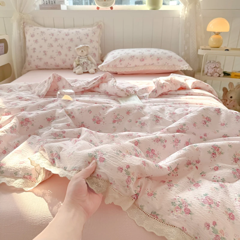 双层纱夏凉被四件套法式花边夏季薄款空调被夏被双人2米x2.3米