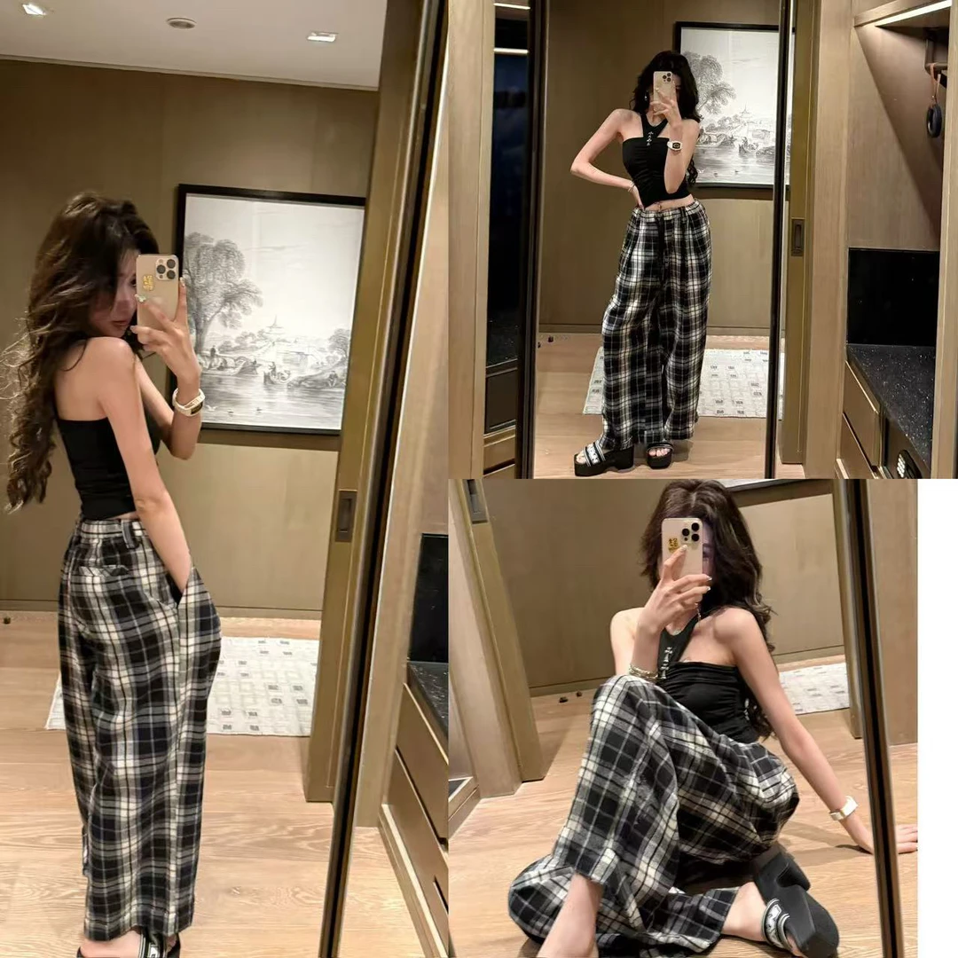 黑白格子裤高腰宽松休闲垂感复古直筒阔腿裤子