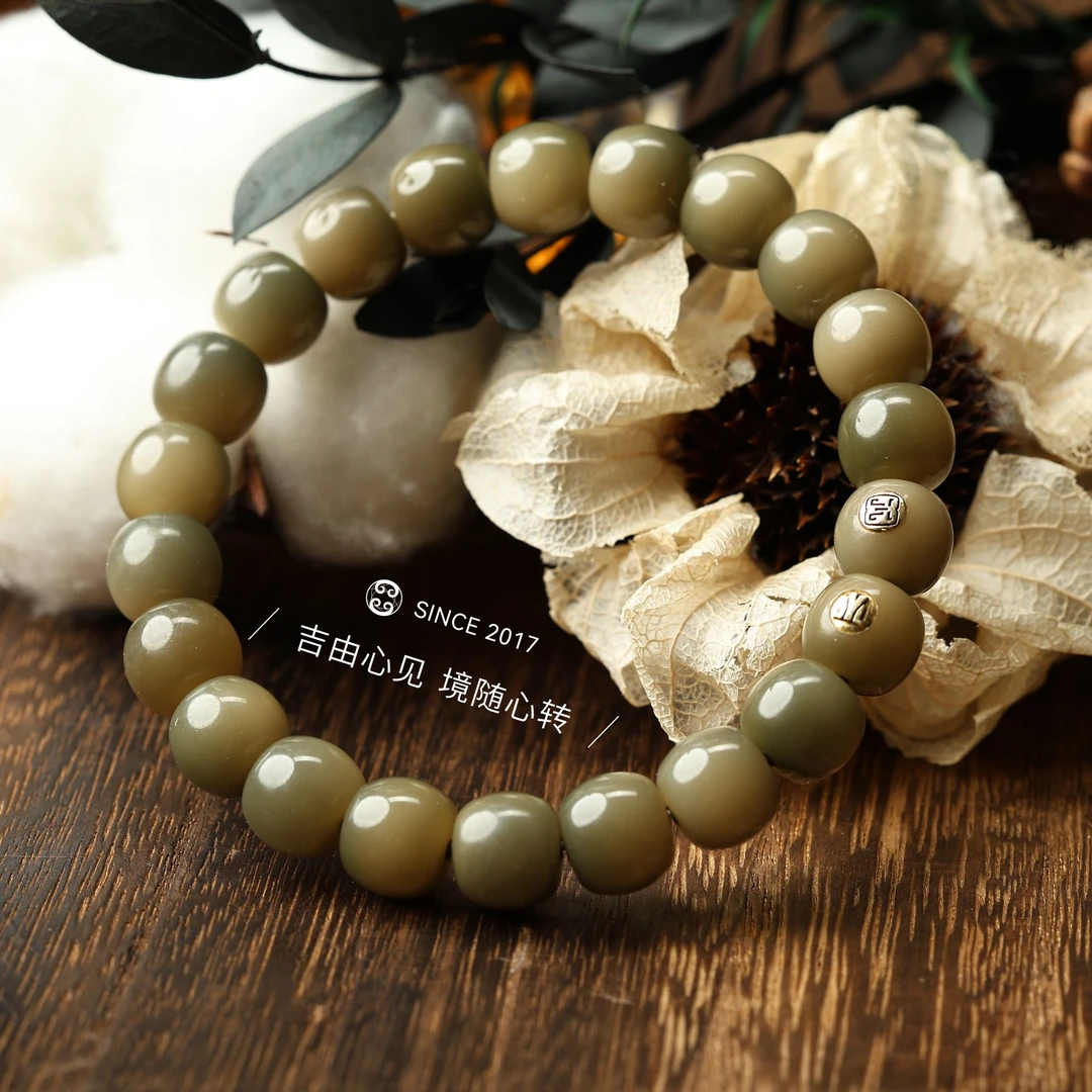 【吉由罗】银匠级-陈籽菩提根手串 老型-烟青色-9.9mm玉化 一物一图