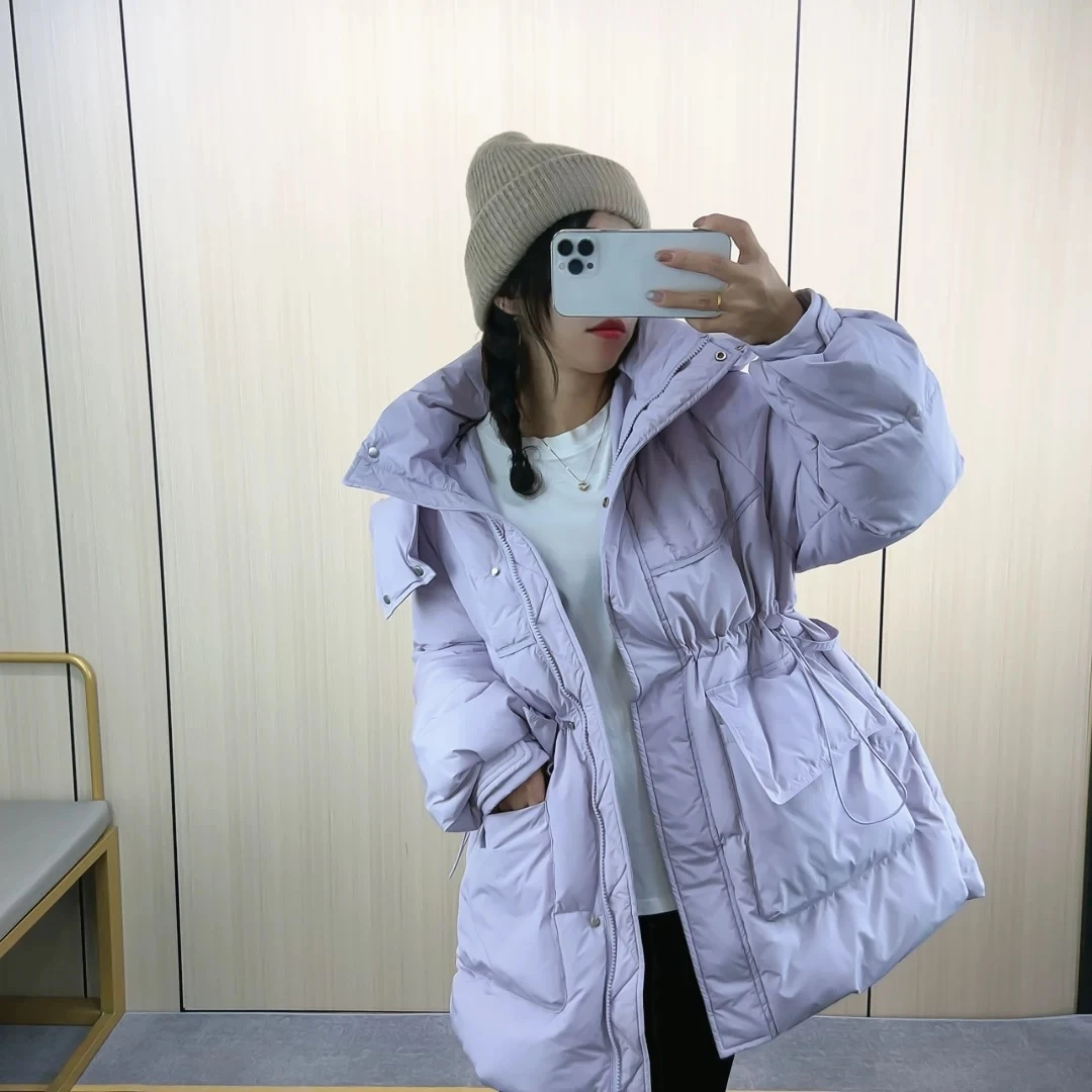 淡紫色收腰短款羽绒服女冬季2024新款韩版宽松连帽加厚白鸭绒