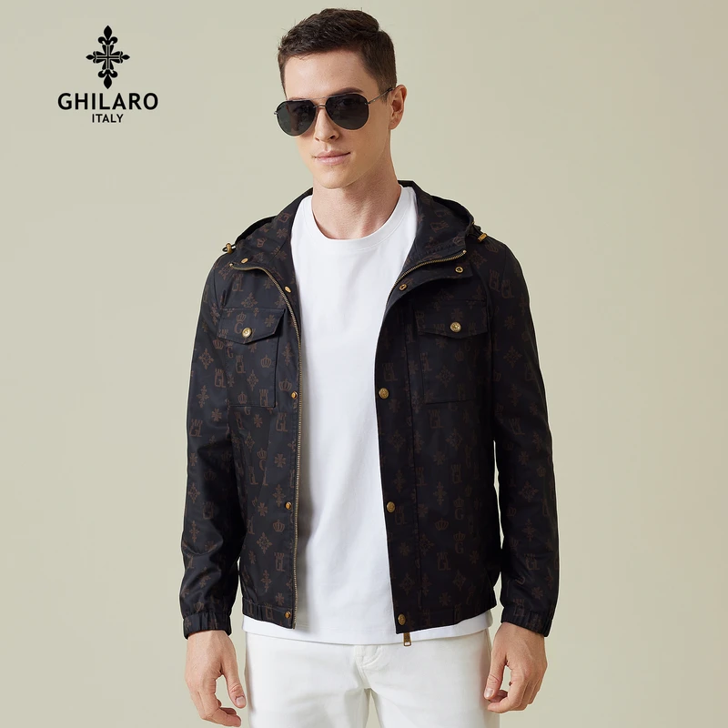 古劳吉那诺入秋外套2025时尚休闲满身字母印花四合扣连帽夹克3003