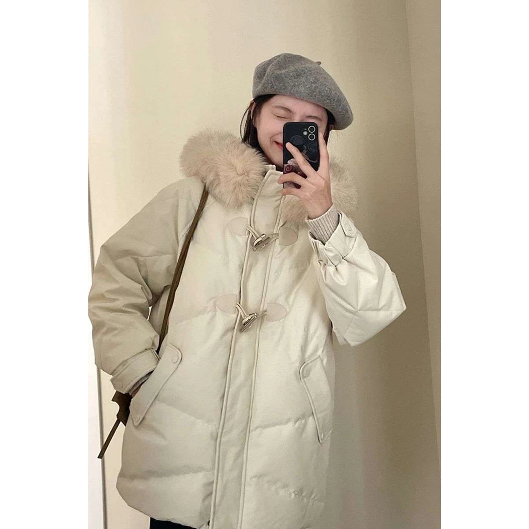 牛角扣棉服女2025冬季加厚小个子短款棉衣大毛领连帽棉袄外套时尚
