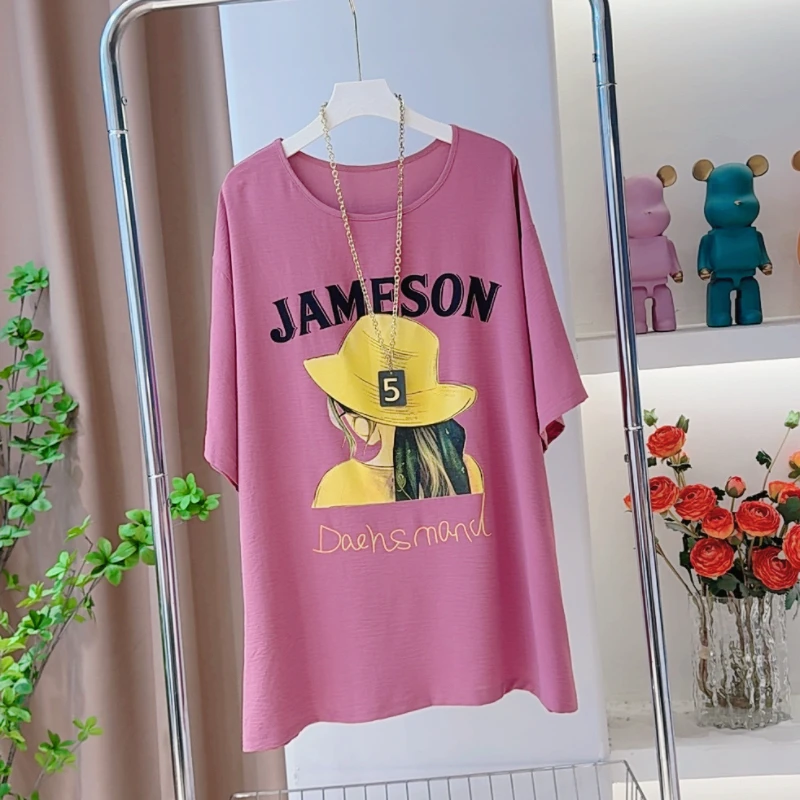 1980戴帽女孩背影印花短袖T恤夏季新款休闲宽松显瘦中长款上衣女