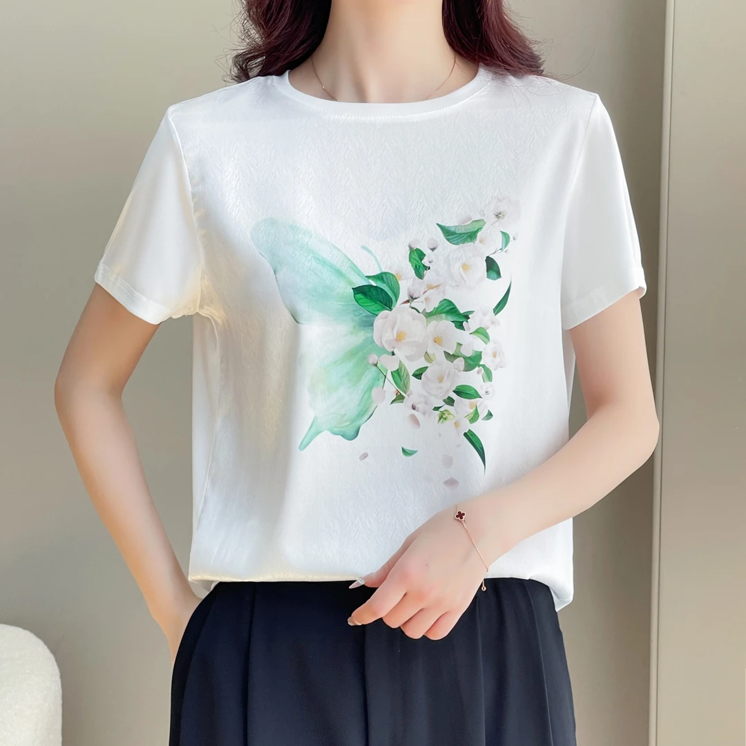 夏滑缎面冰凉感百搭时尚印花休闲女半袖T恤洋气AB拼接短袖1338