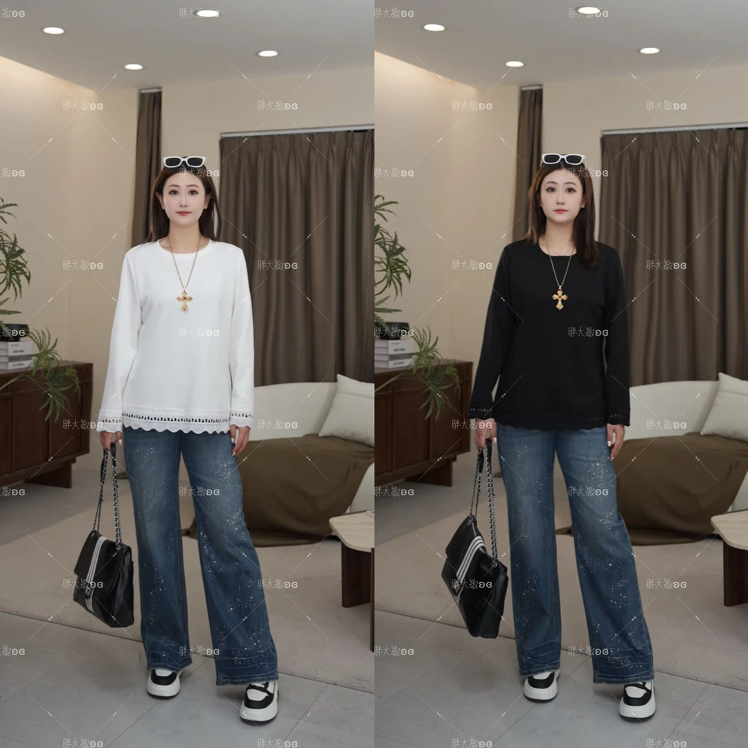 【秋款上新】PDM22600秋季新款气质显瘦蕾丝花边镂空大码女装上衣