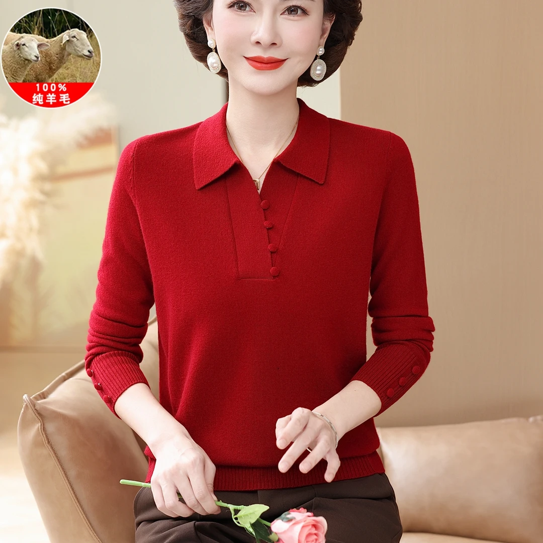 妈妈秋冬季上衣服中老年女士翻领100%纯羊毛衫大码针织长袖打底衫