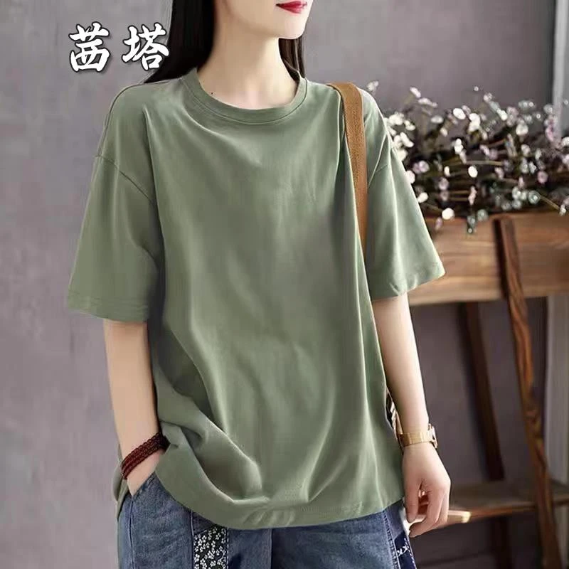 2025年简约文艺大尺码新款短袖显瘦上衣女宽松通勤覆古印花T恤女