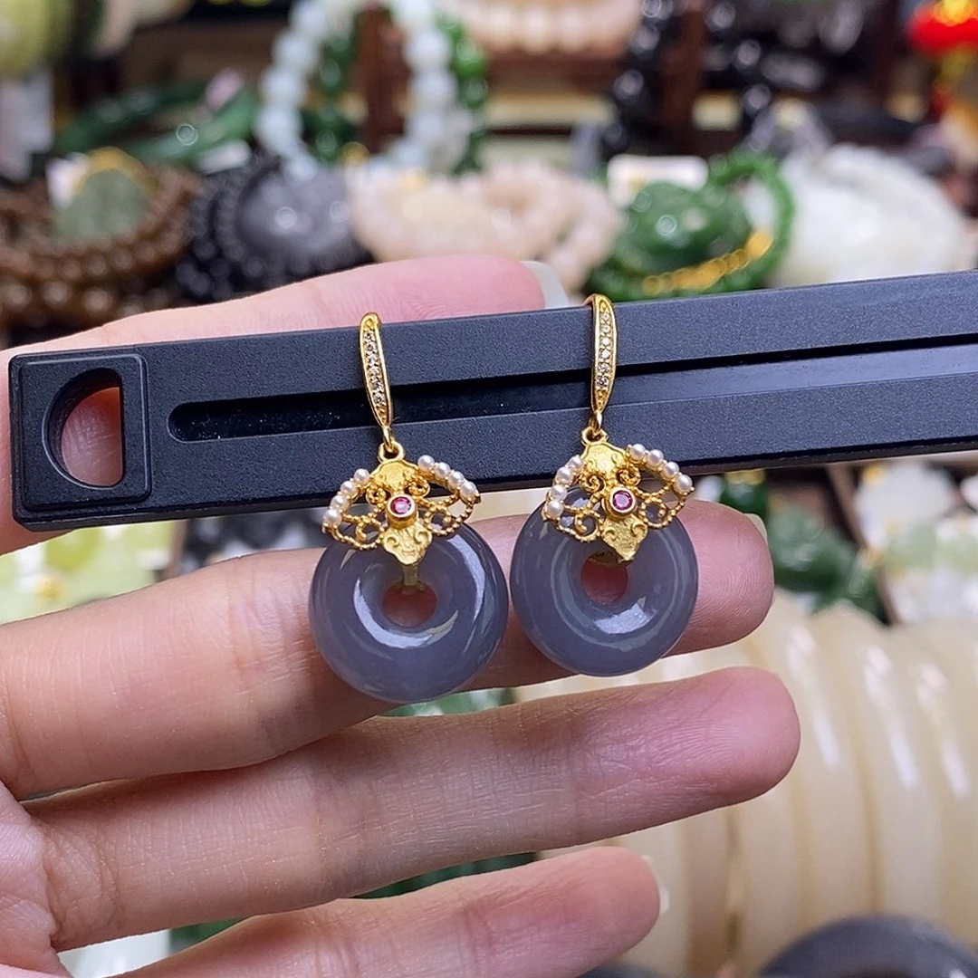 和田玉未镶嵌颈饰冰浓烟紫银镶甜甜圈耳环